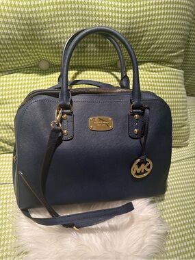 Michael Kors Navy Saffiano Dome Satchel with Gold Hardware